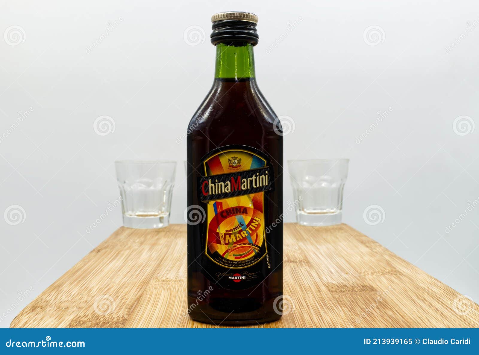 A Bottle of Italian China Martini, Bitter Sweet, on Wooden Table