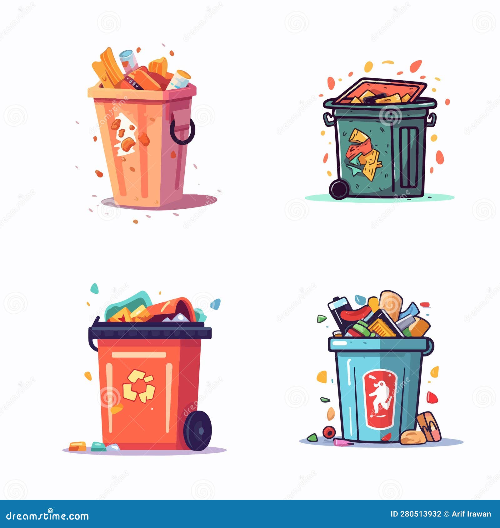 Contenedor de basura sin clasificar montón de cubo de basura desbordante  bolsas de basura de la ciudad latas basura montón dibujos animados sucio  contenedor de metal desbordamiento comida podrida residuos plásticos  ilustración