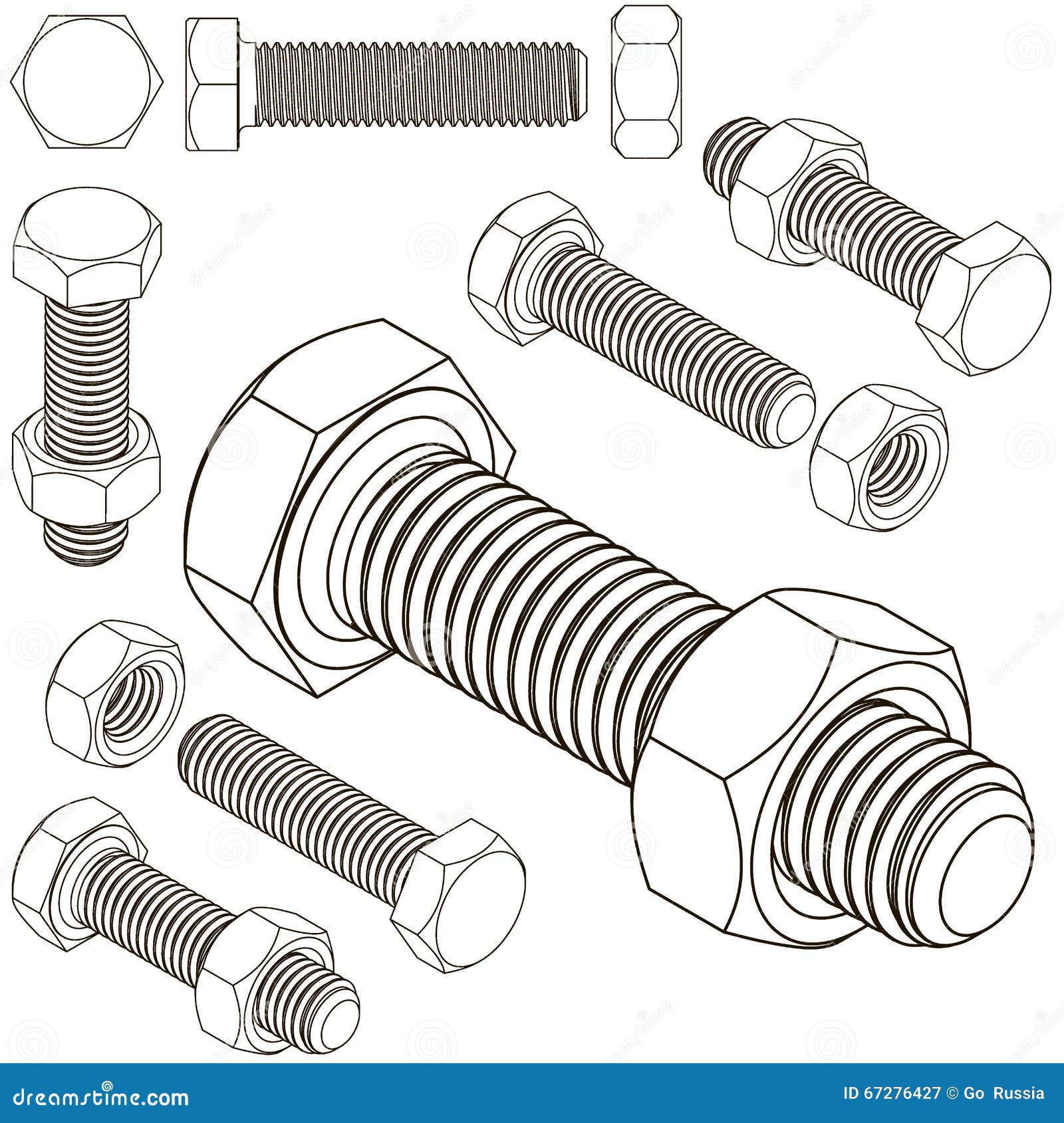 bolt and nut set all view isometric