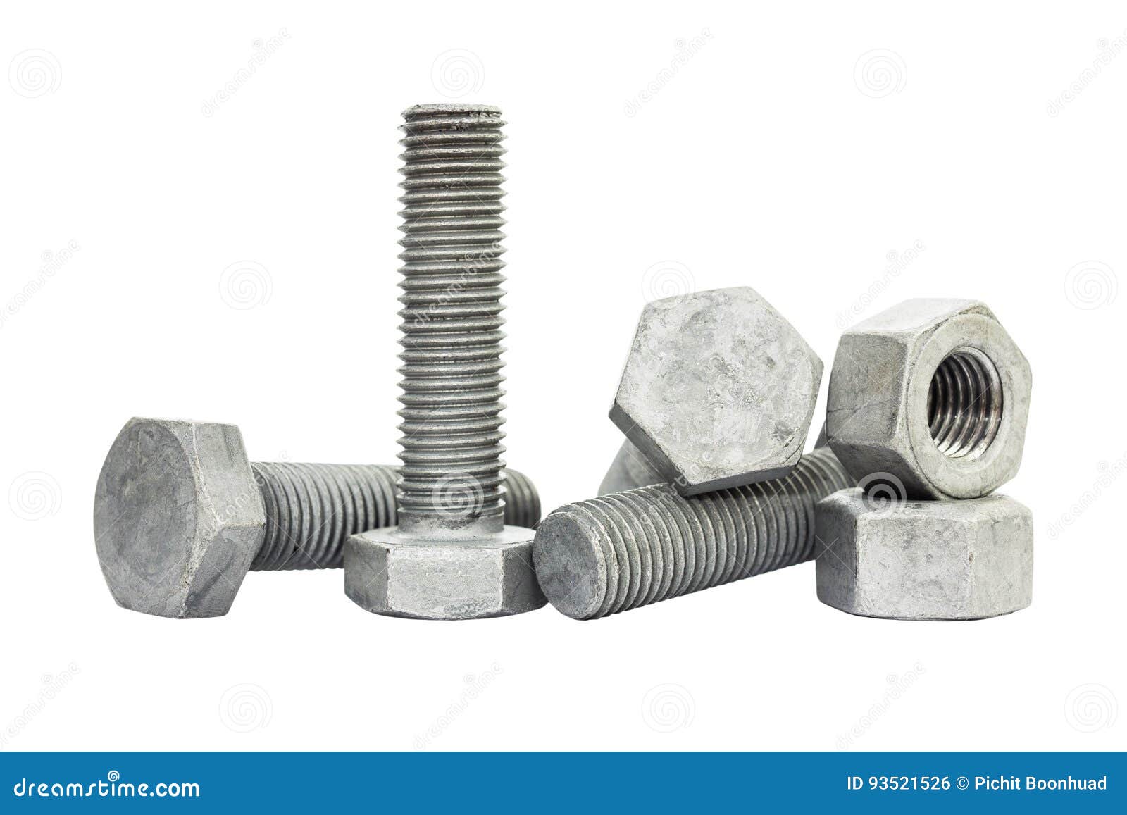 Bolt, Stud and Nut Isolate on White Background. Bolt and Nut Made from