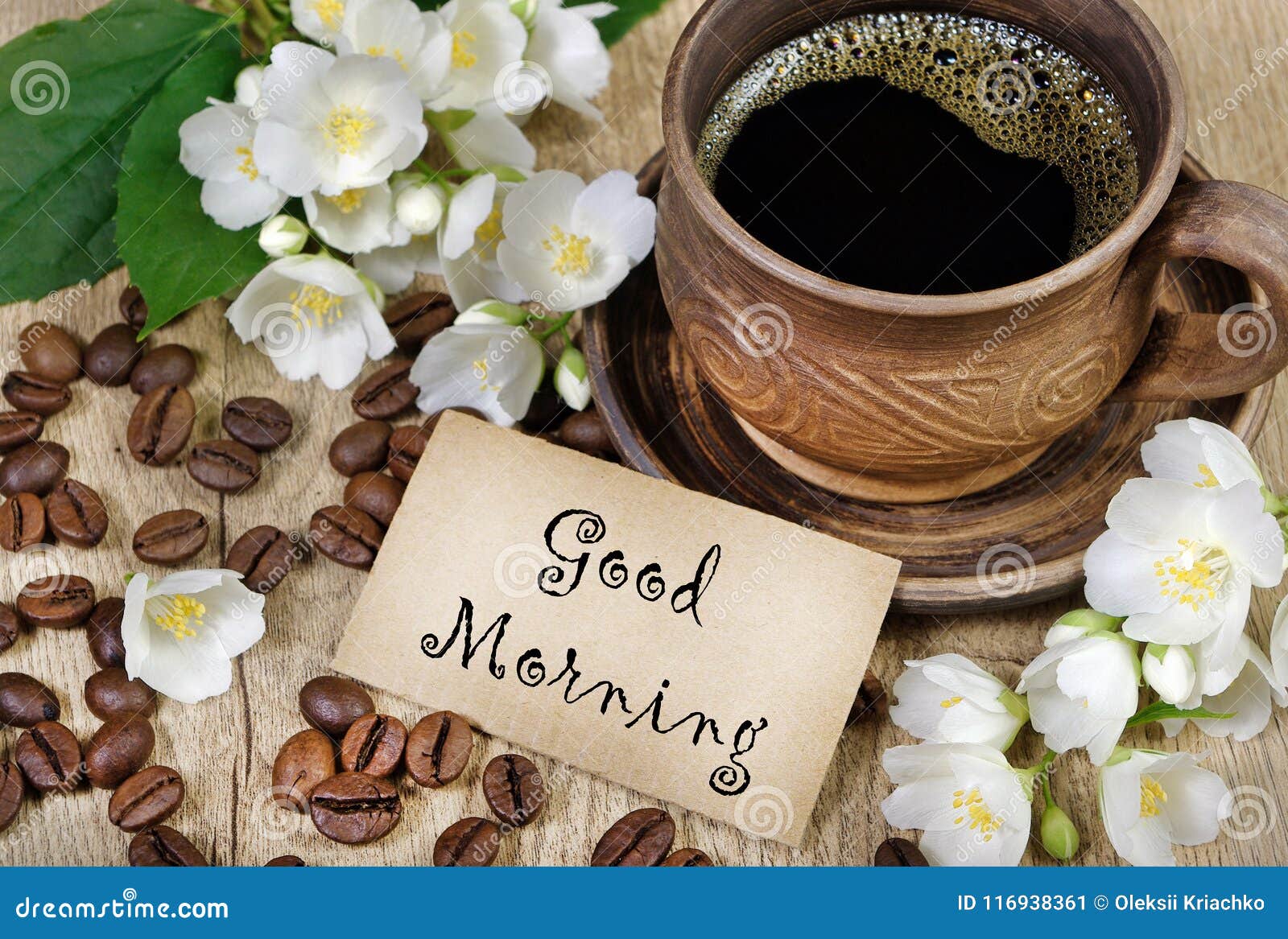 Bom Dia Flores Do Café E Do Jasmim Da Manhã Em Uma Tabela De Madeira Imagem  de Stock - Imagem de feliz, aroma: 116938361