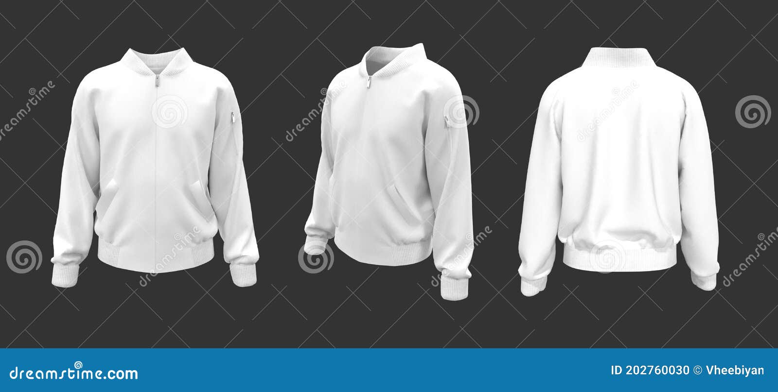 Bomber Jacket Mockup in Front, Side and Back Views Stock Illustration ...