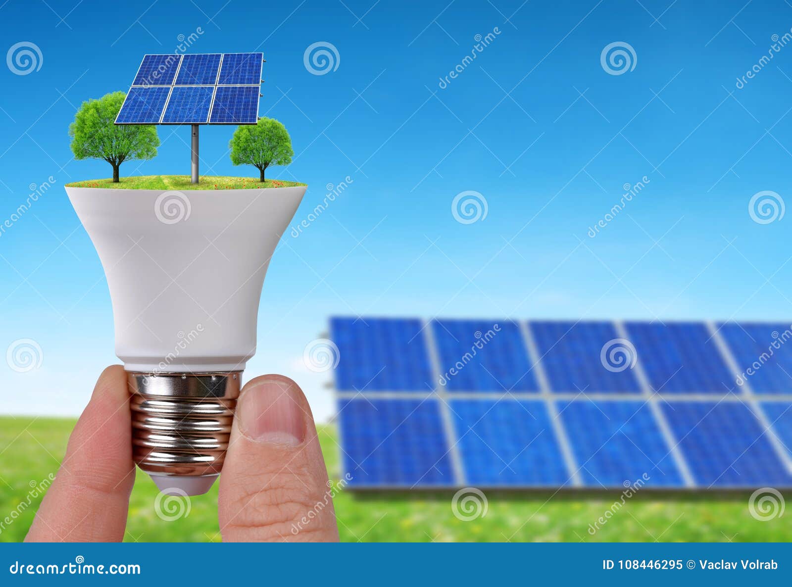 Los Paneles Solares En La Bombilla. Concepto De Energía Verde