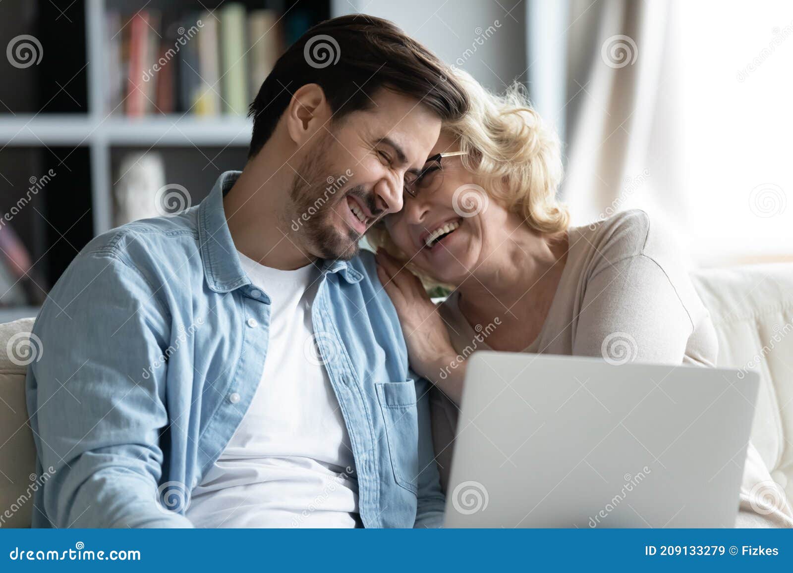 Bonding Happy Two Generations Family Laughing, Watching Funny Video Online.  Stock Image - Image of care, laugh: 209133279