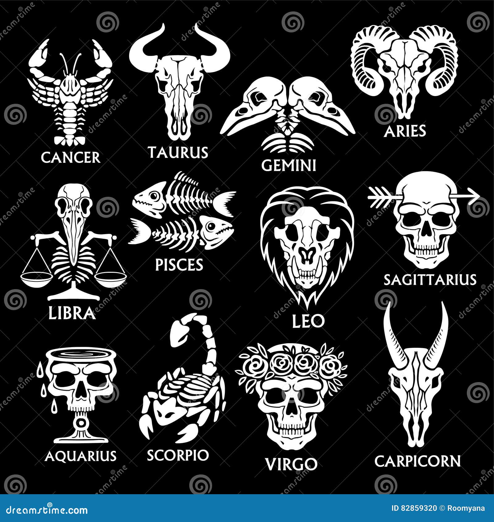 Premium Vector  Zodiac virgo signs halloween skull bones objects icons  stars graphics black and white print
