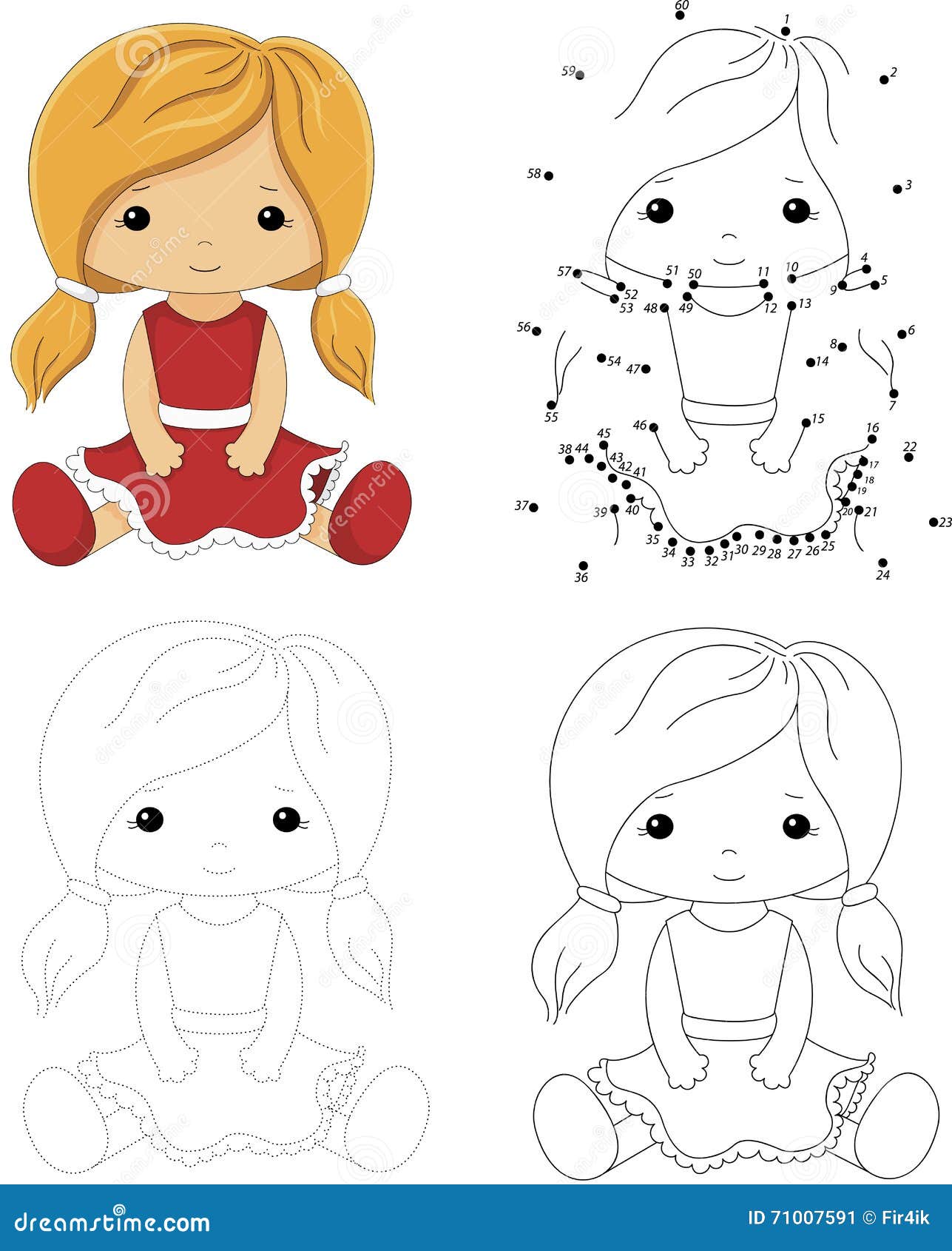 Bonecas de desenho animado brinquedo de menina linda em vestido criança  bebê e boneca de fantoche fofa conjunto de ilustração vetorial isolado