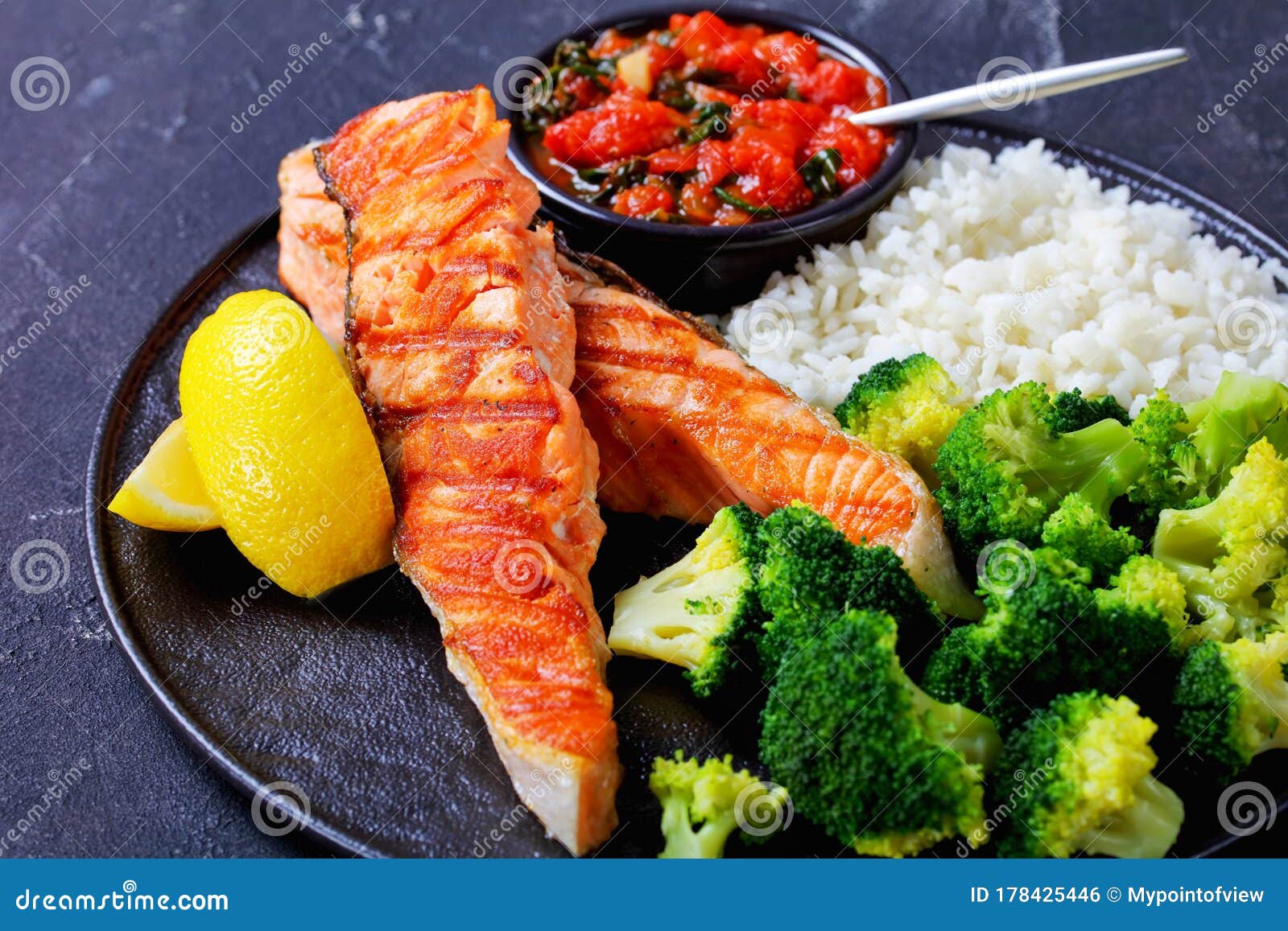 Boneless Salmon Steak with Broccoli and Rice Stock Photo - Image of