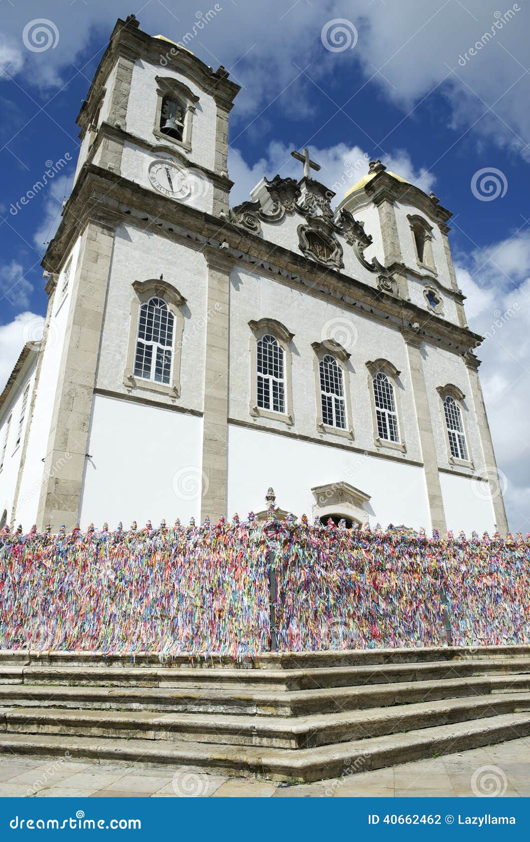 Bonfim Church Salvador Bahia Brazil Exterior. Steps leading up to colorful wall of wish ribbons at the entrance to the Igreja Nosso Senhor do Bonfim da Bahia church, in Salvador Bahia Brazil