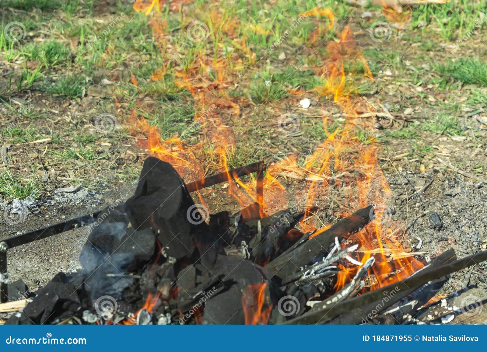 Bonfire. among the Green Grass, a Bonfire is Prepared for Grilling ...