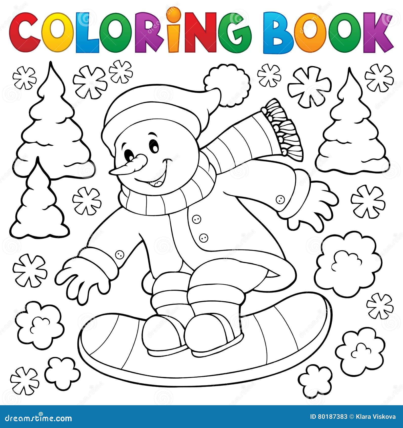 Bonhomme de neige de livre de coloriage sur le surf des neiges