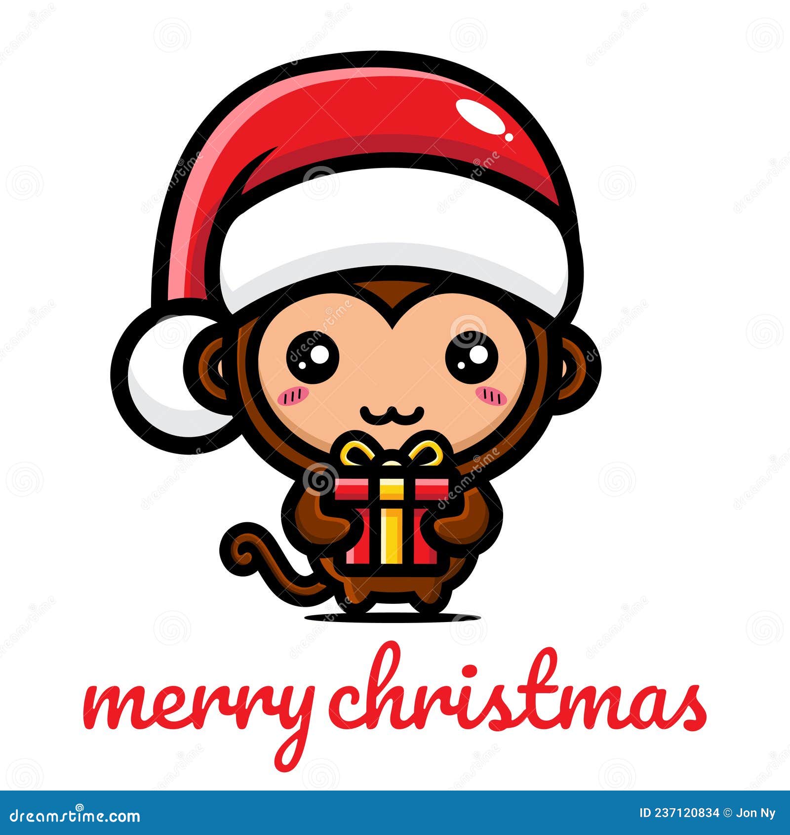 Conjunto de macaco fofo celebrando o natal. segurando um presente