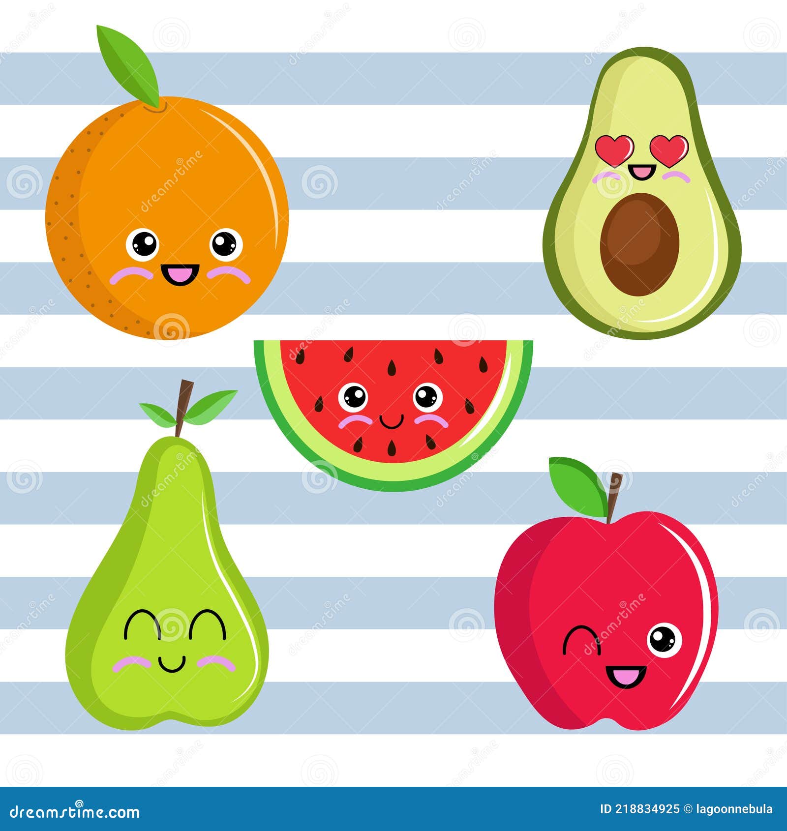 Conjunto de frutas kawaii dos desenhos animados isolado