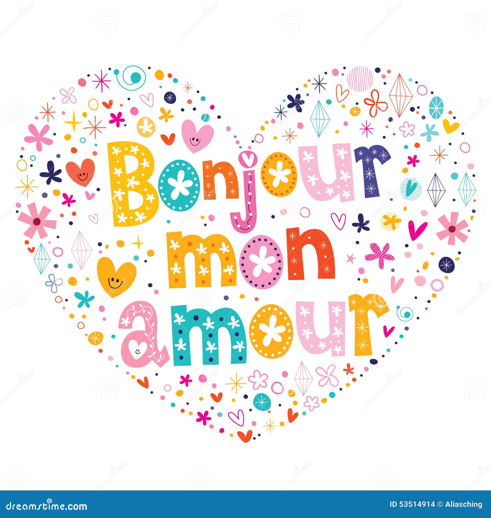 Bonjour Mon Amour French Heart Shaped Type Lettering Vector