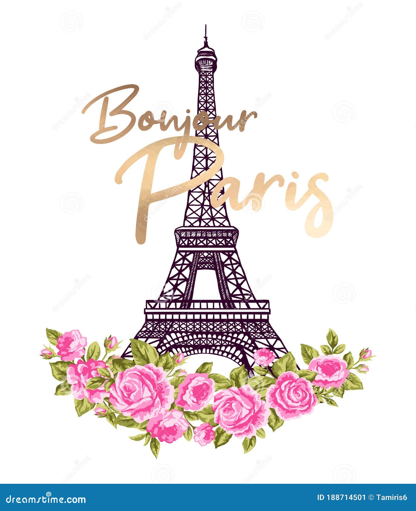 Bonjour Paris Illustration with Eiffel Tower, Gold Lettering and Pink ...