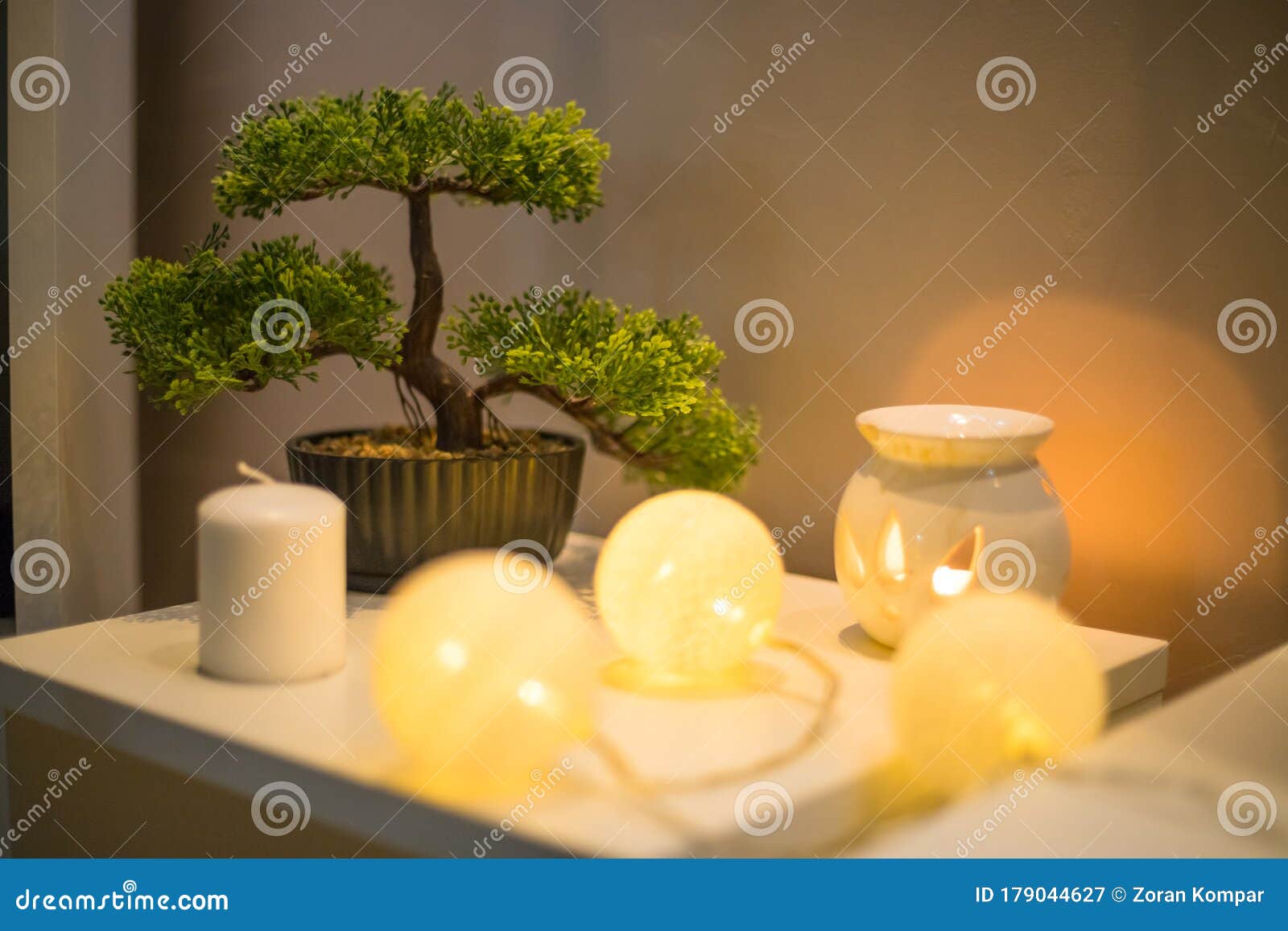 Bonsai Tree with Candle on White Table in Bedroom Stock Image Image
