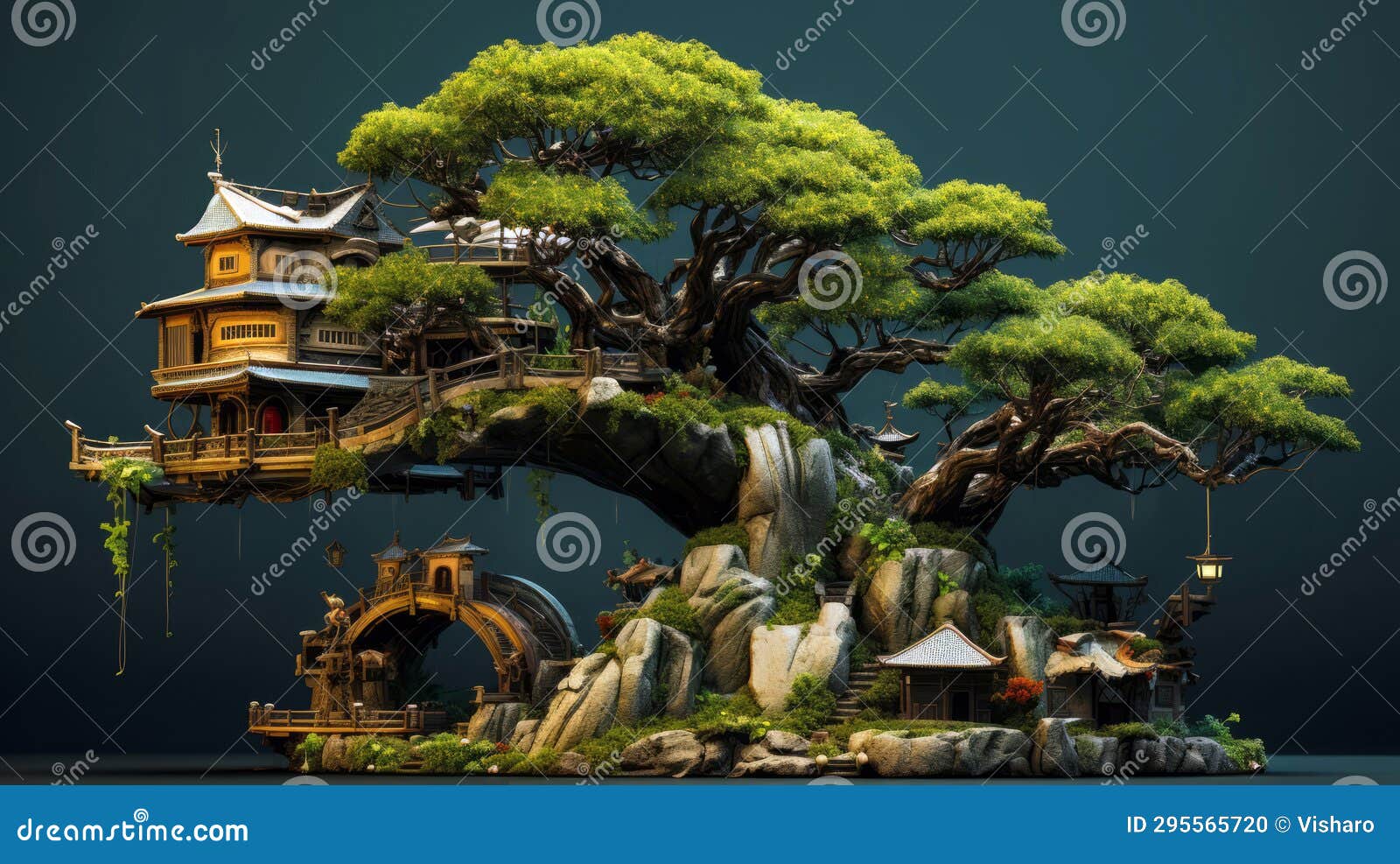 Bonsai Village with Temples and Bridge Stock Illustration