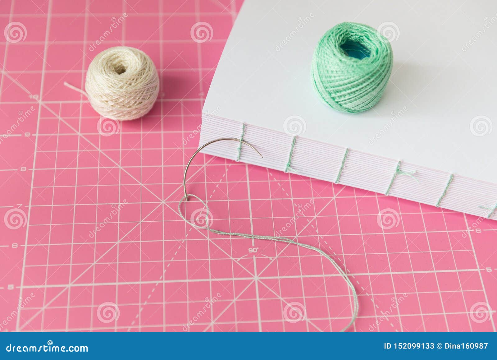 Book Binding Process. Threads, Scissors and Pages. Handmade Coptic Binding. Paper Crafts