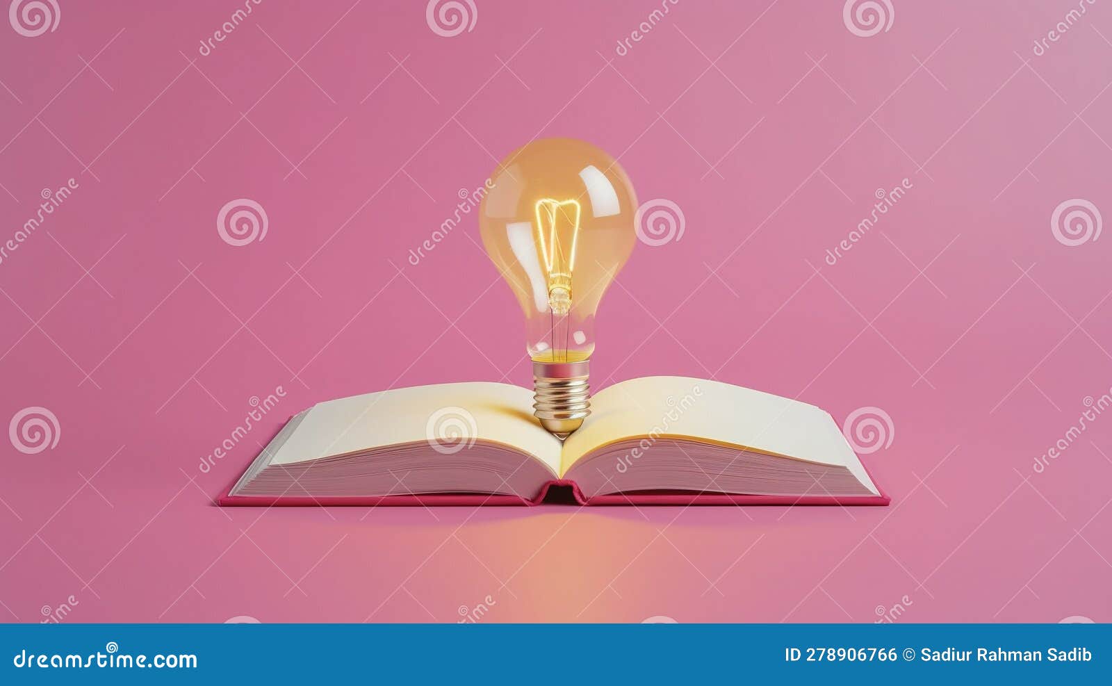 book with light bulb. lightbulb floating from open book on solid color background.