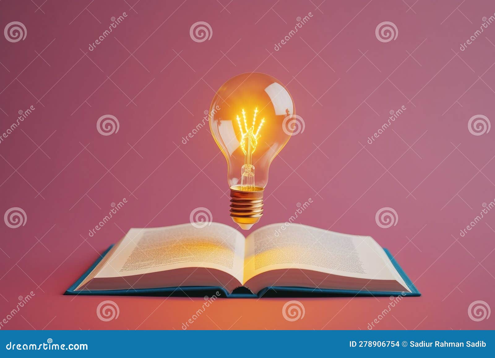Book with Light Bulb. Lightbulb Floating from Open Book on Solid Color