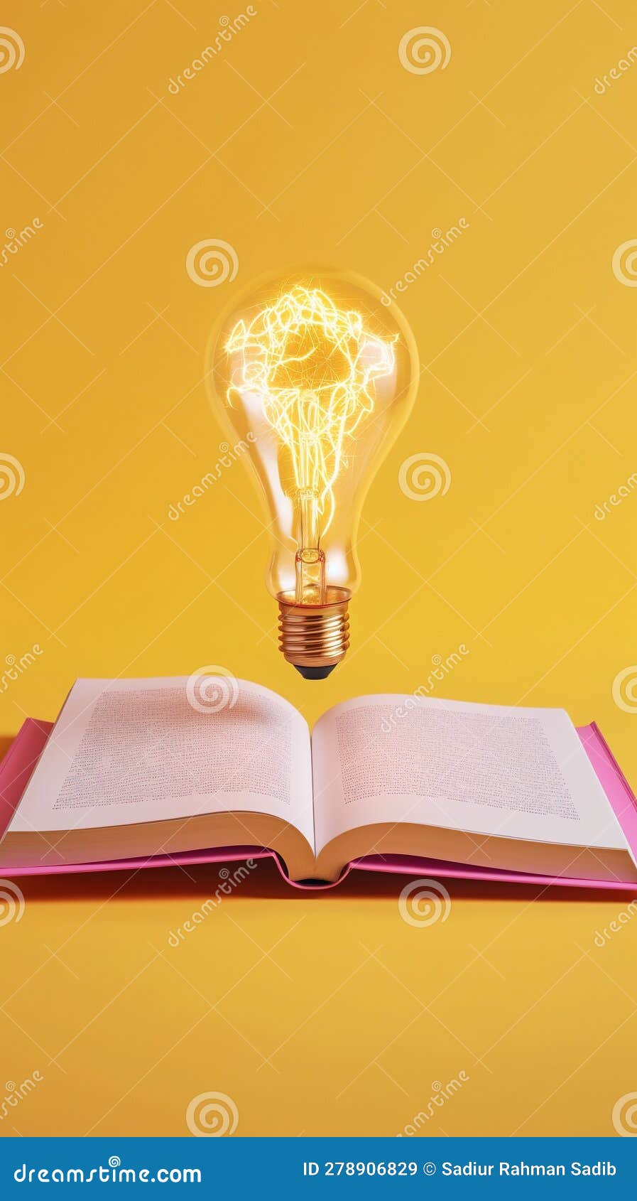 Book with Light Bulb. Lightbulb Floating from Open Book on Solid Color