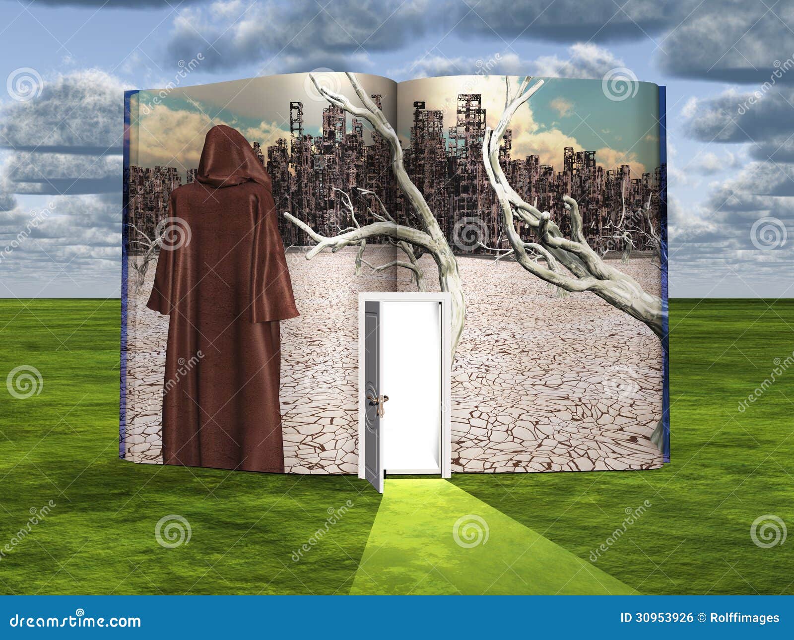 Book with Science Fiction Scene and Open Door Stock Illustration