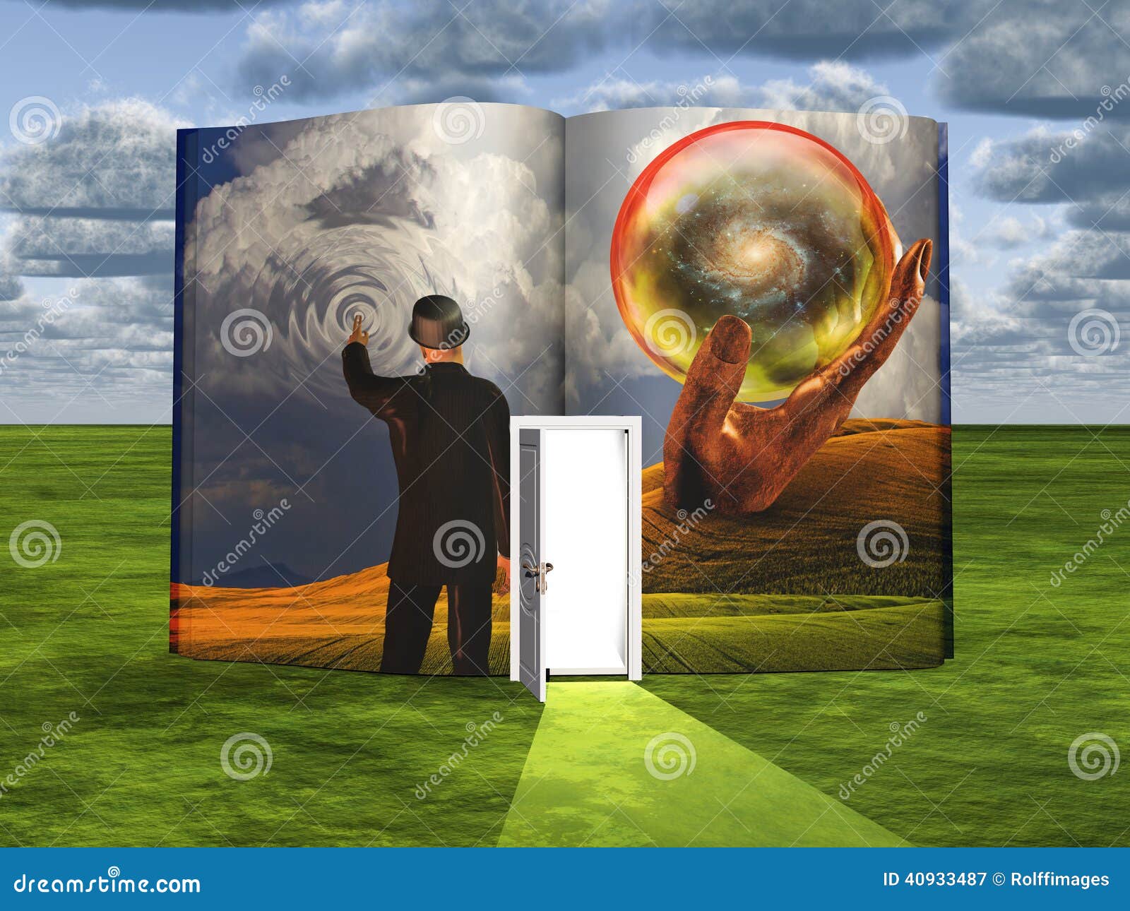 Book with Science Fiction Scene and Open Door Stock Illustration