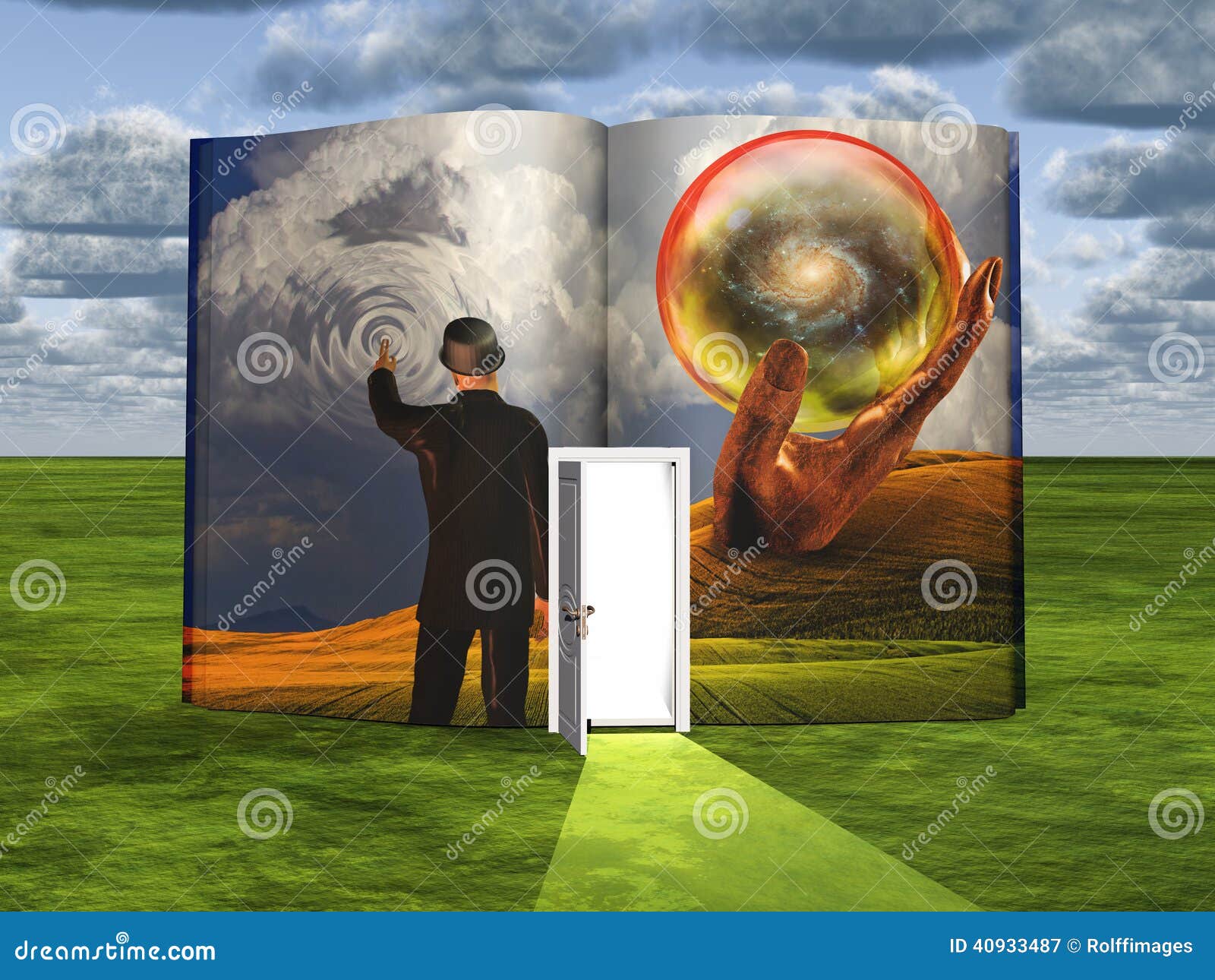 book with science fiction scene and open door