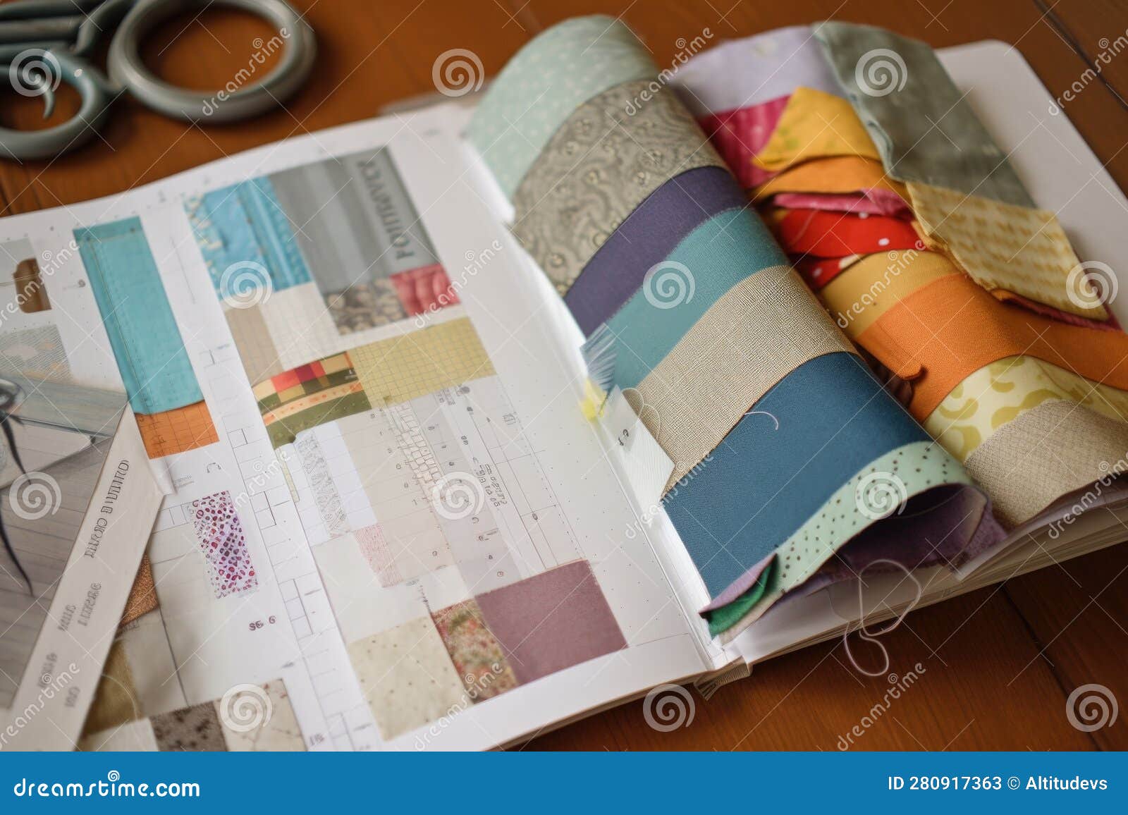 A Book of Sewing Patterns, with Fabric Swatches and Needles Visible