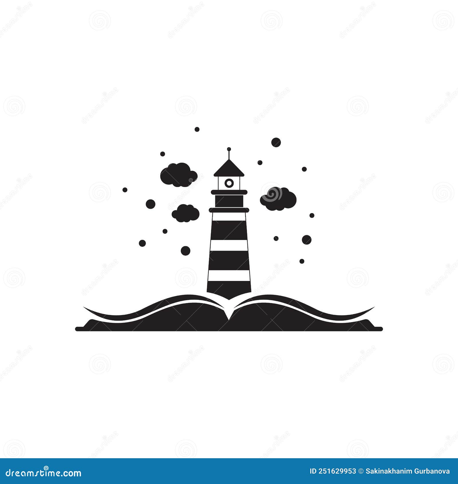 Book Stack with Lighthouse or Beacon and Clouds on White Background