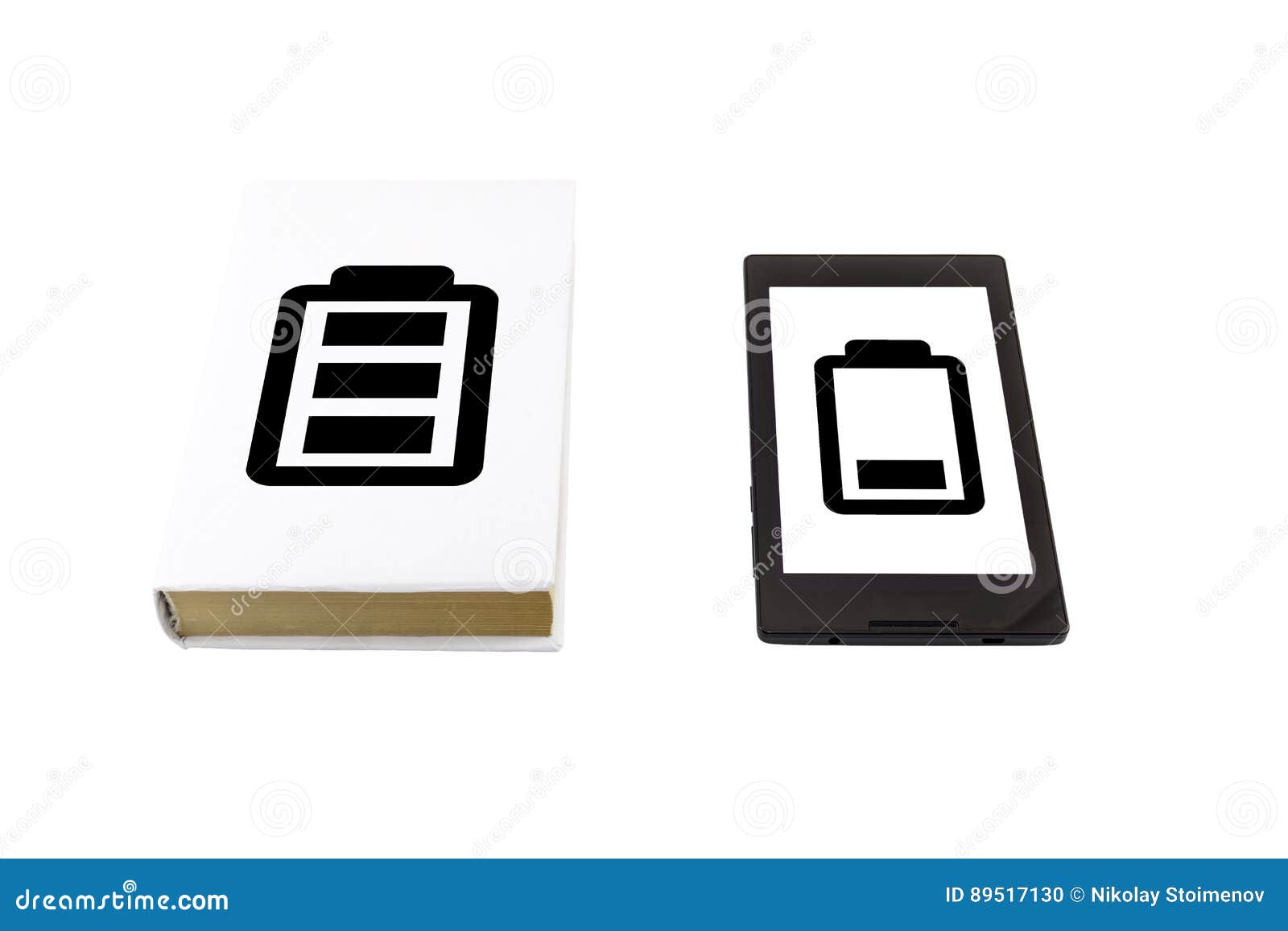 Book Vs Tablet. Battery Life Concept. Stock Photo Image of comparison