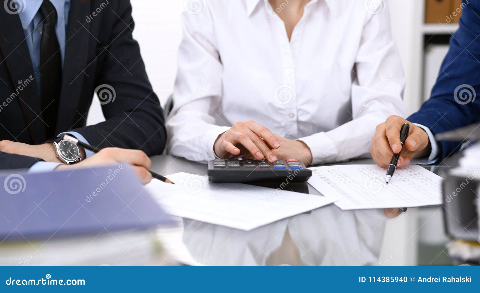 bookkeepers team or financial inspectors making report, calculating or checking balance. tax service financial documen