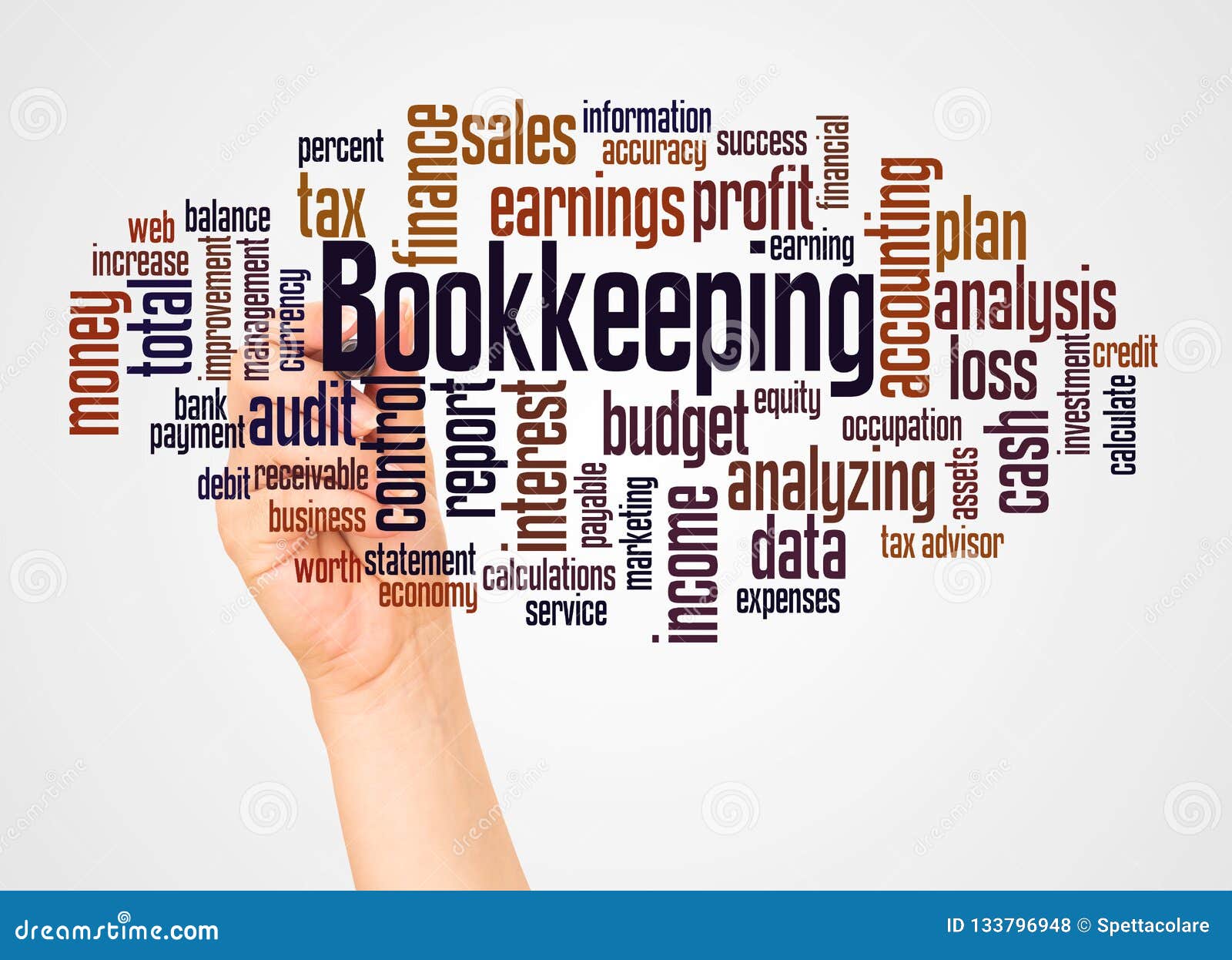 bookkeeping word cloud and hand with marker concept