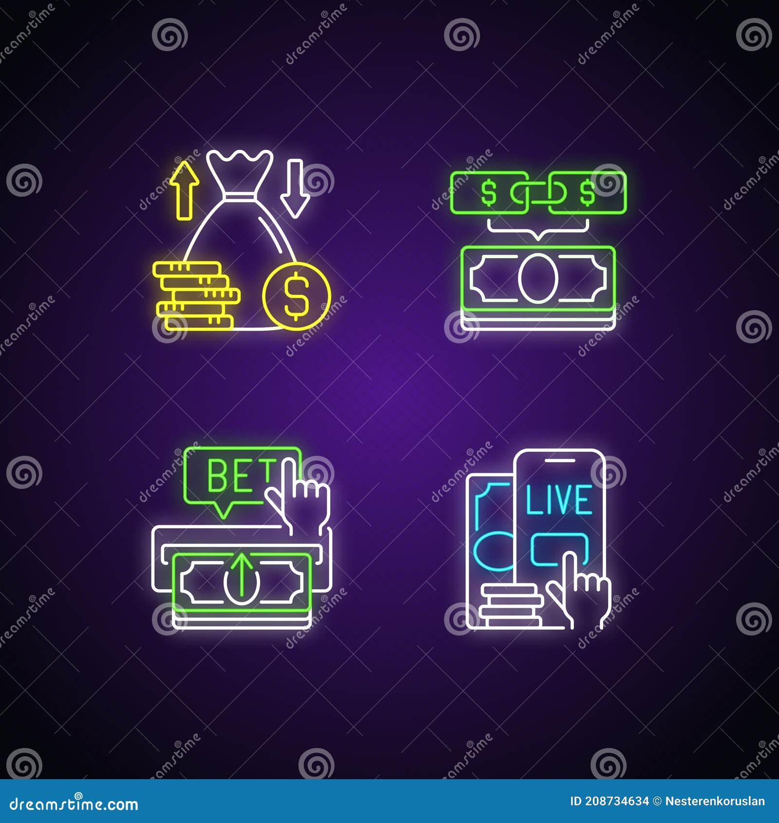 bookmaking neon light icons set