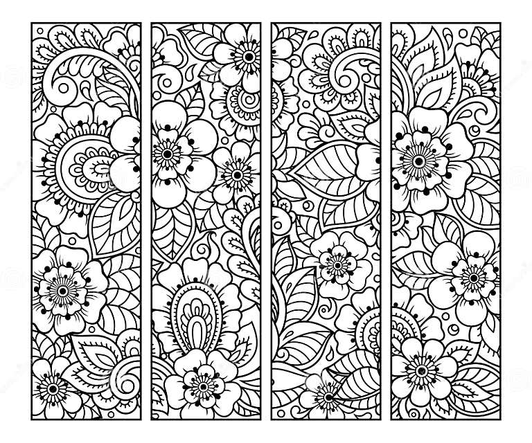 Bookmark for Book - Coloring. Set of Black and White Labels with Floral ...