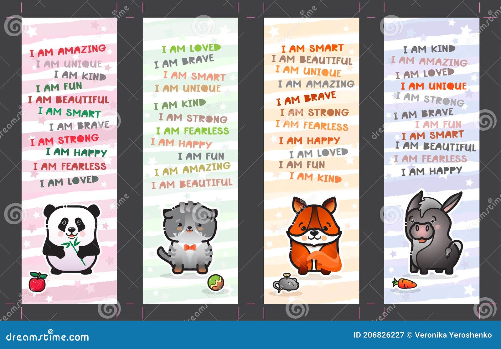 bookmark set with cute animal and affirmations for kids. .