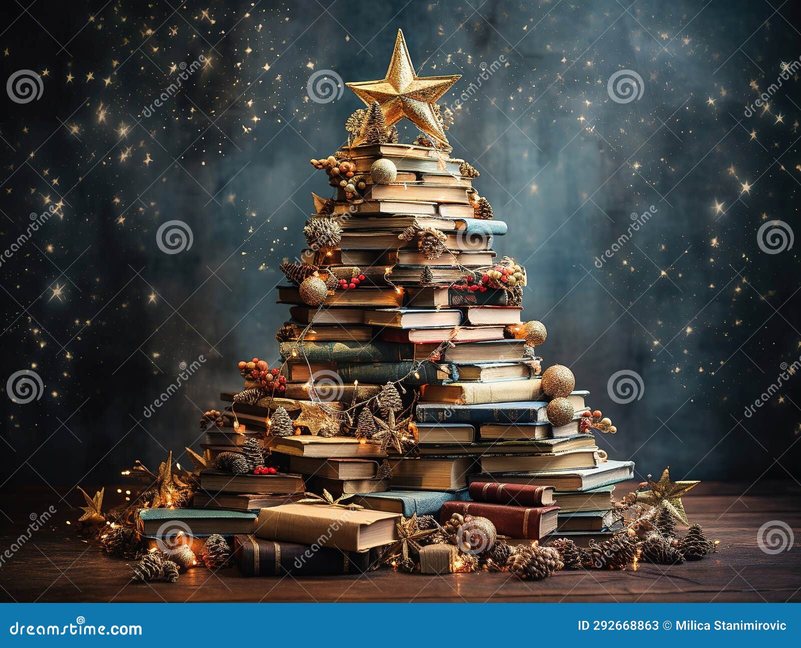 Books Arranged in the Shape of a Christmas Tree Stock Illustration