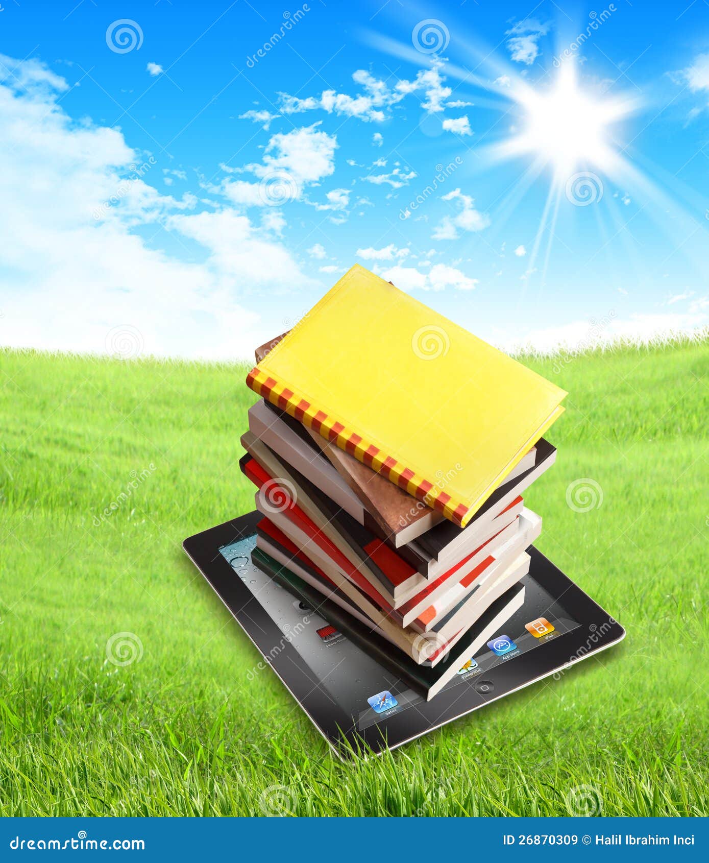 books on ipad in nature - clipping path