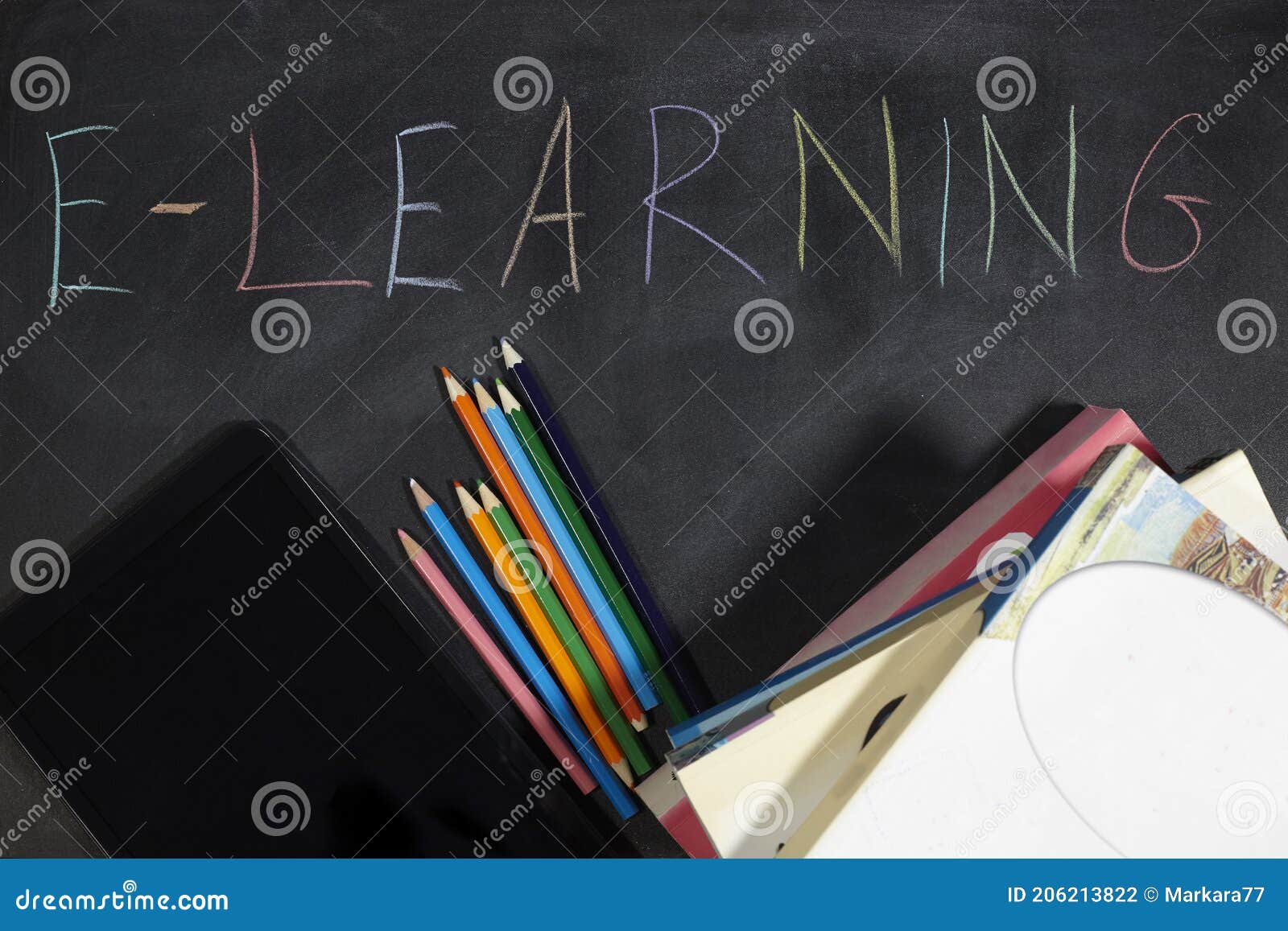 Books and Tablet on Blackboard. Elearning School Stock Photo Image
