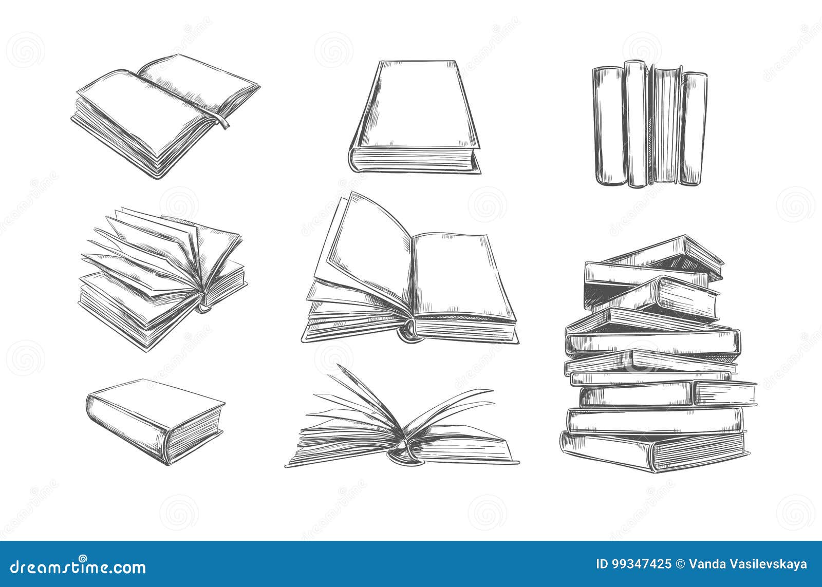 Hand drawn vintage books. Sketch book piles. Library, bookshop