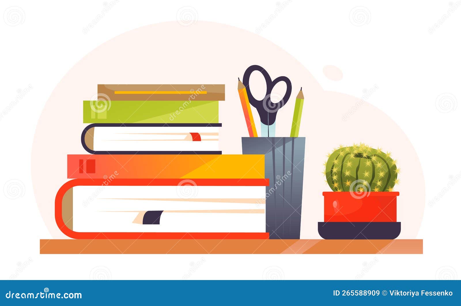 A Bookshelf with Books and Writing Materials. a Stack of Books on a