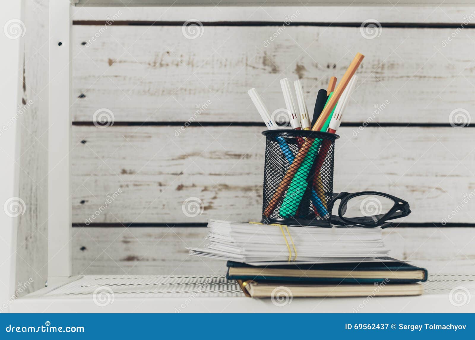Bookshelf with Office Supplies Stock Image Image of decorate, bottles