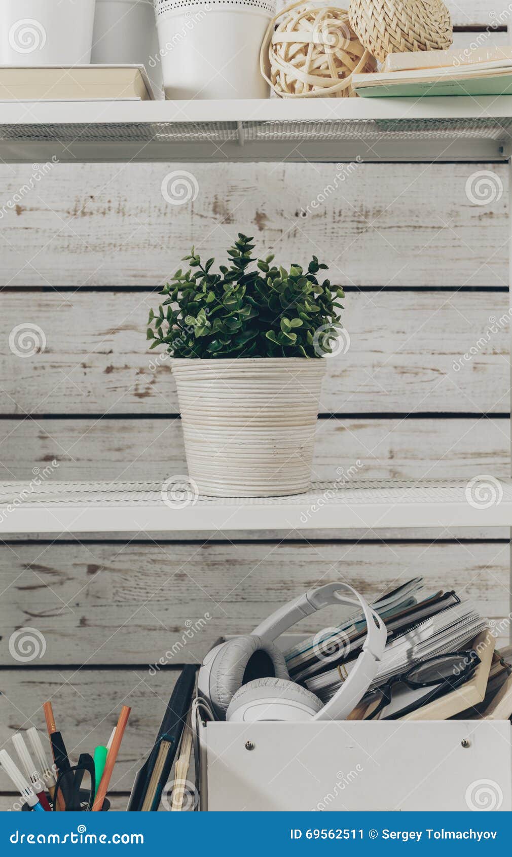 Bookshelf with Office Supplies Stock Image Image of decor, brown