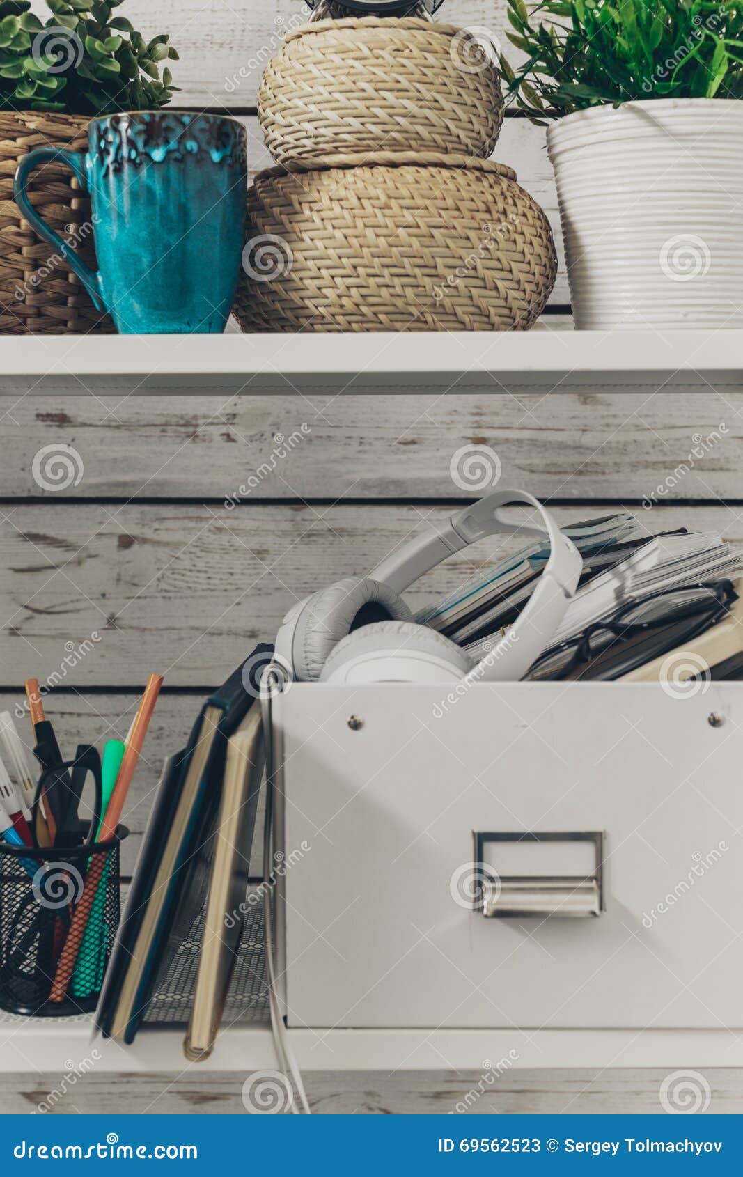 Bookshelf with Office Supplies Stock Image Image of bookshelf, blue
