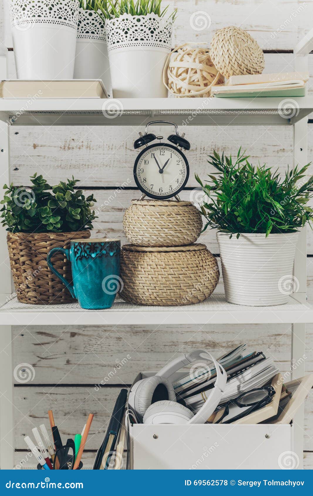 Bookshelf with Office Supplies Stock Photo Image of dark, luxury