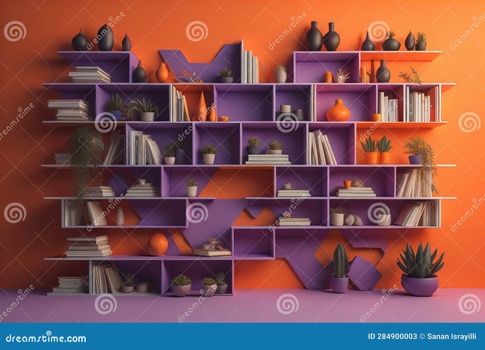 Bookshelf in Scandinavian Interior. Ai Generative Stock Illustration