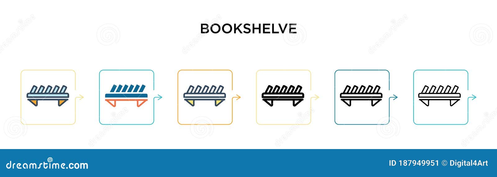 bookshelve  icon in 6 different modern styles. black, two colored bookshelve icons ed in filled, outline, line and