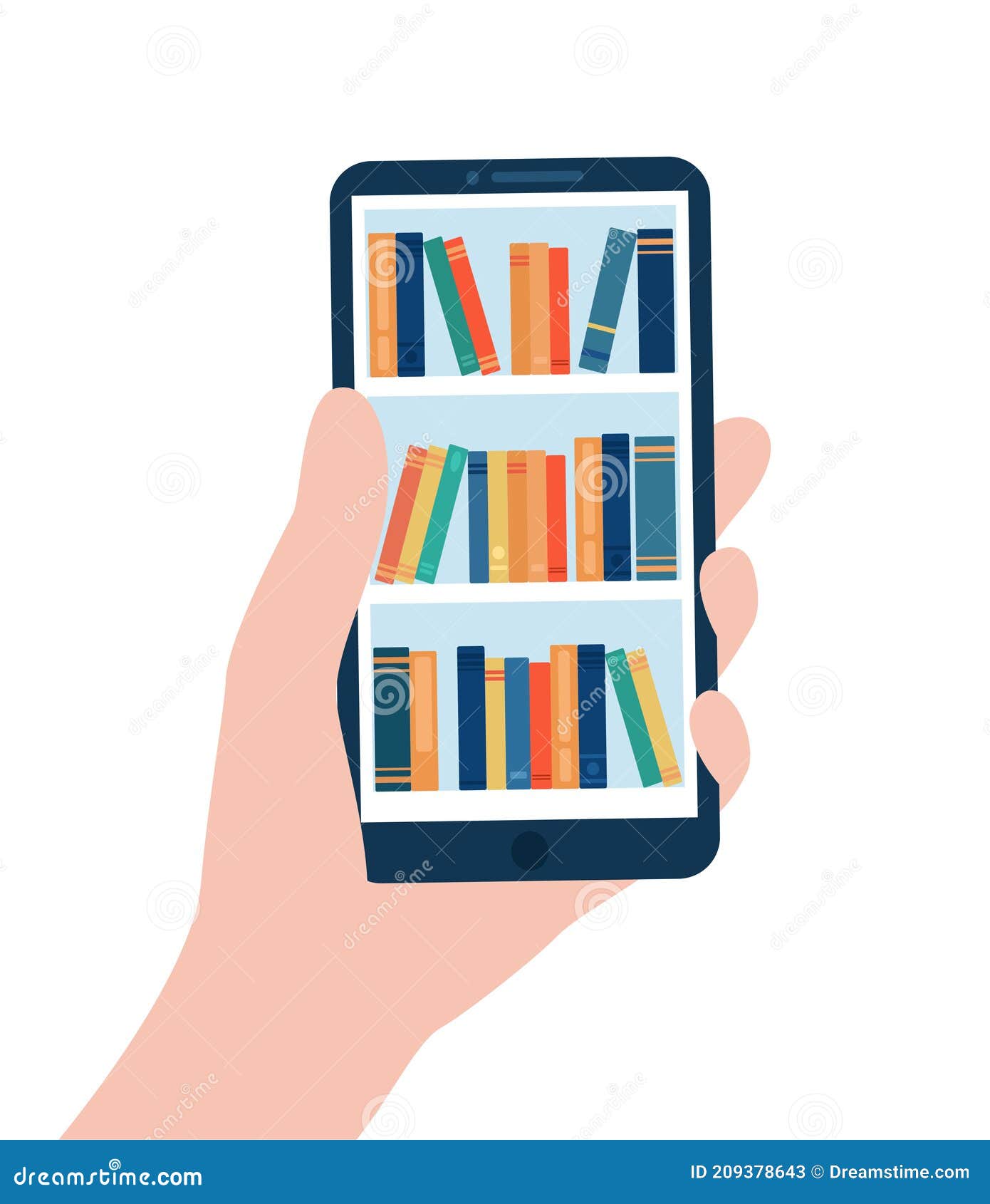 Bookshelves with Books on the Smartphone Screen. Digital Library