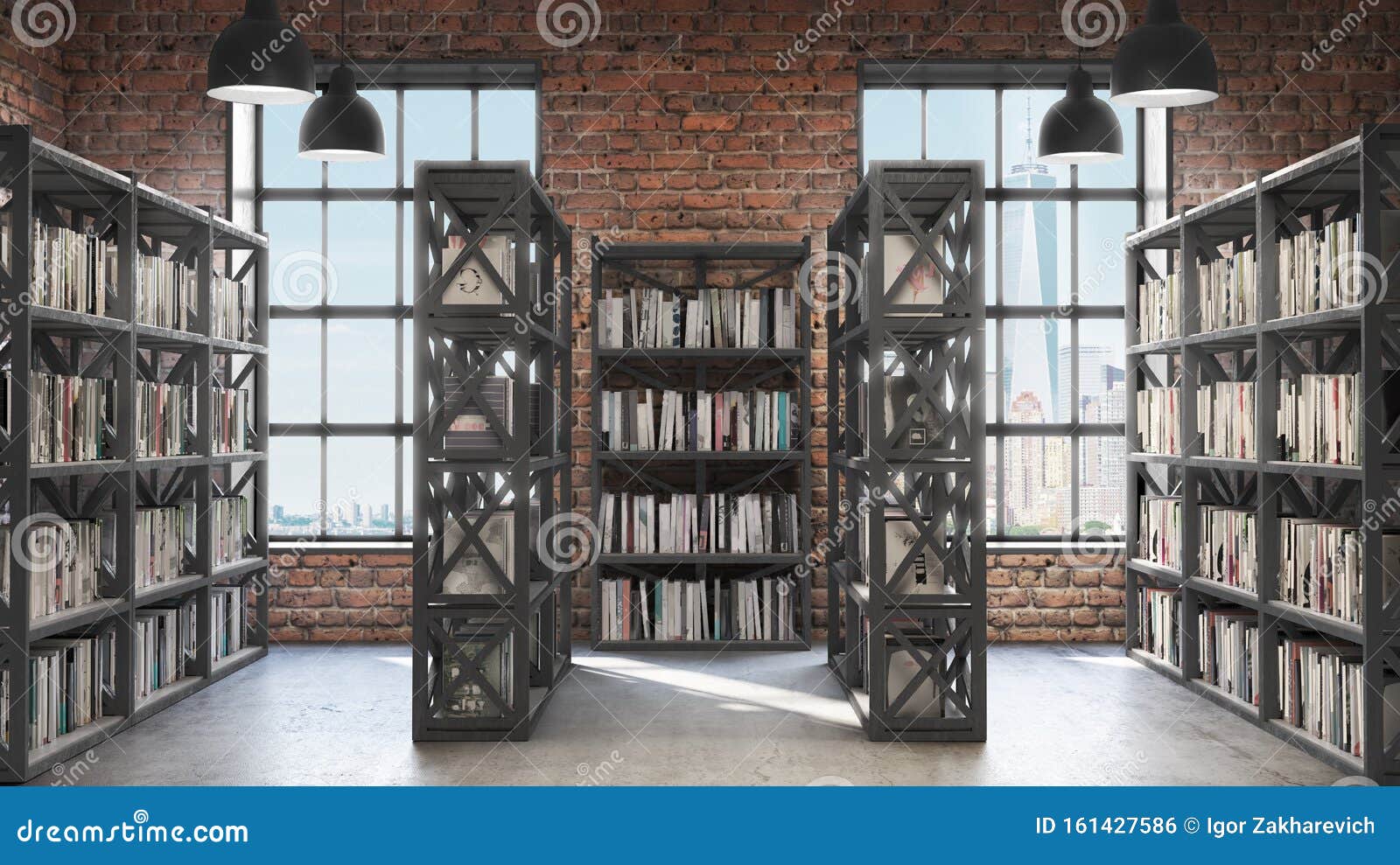 Bookshelves,Loft Style Interior, Concrete Floor with Two Big Windows