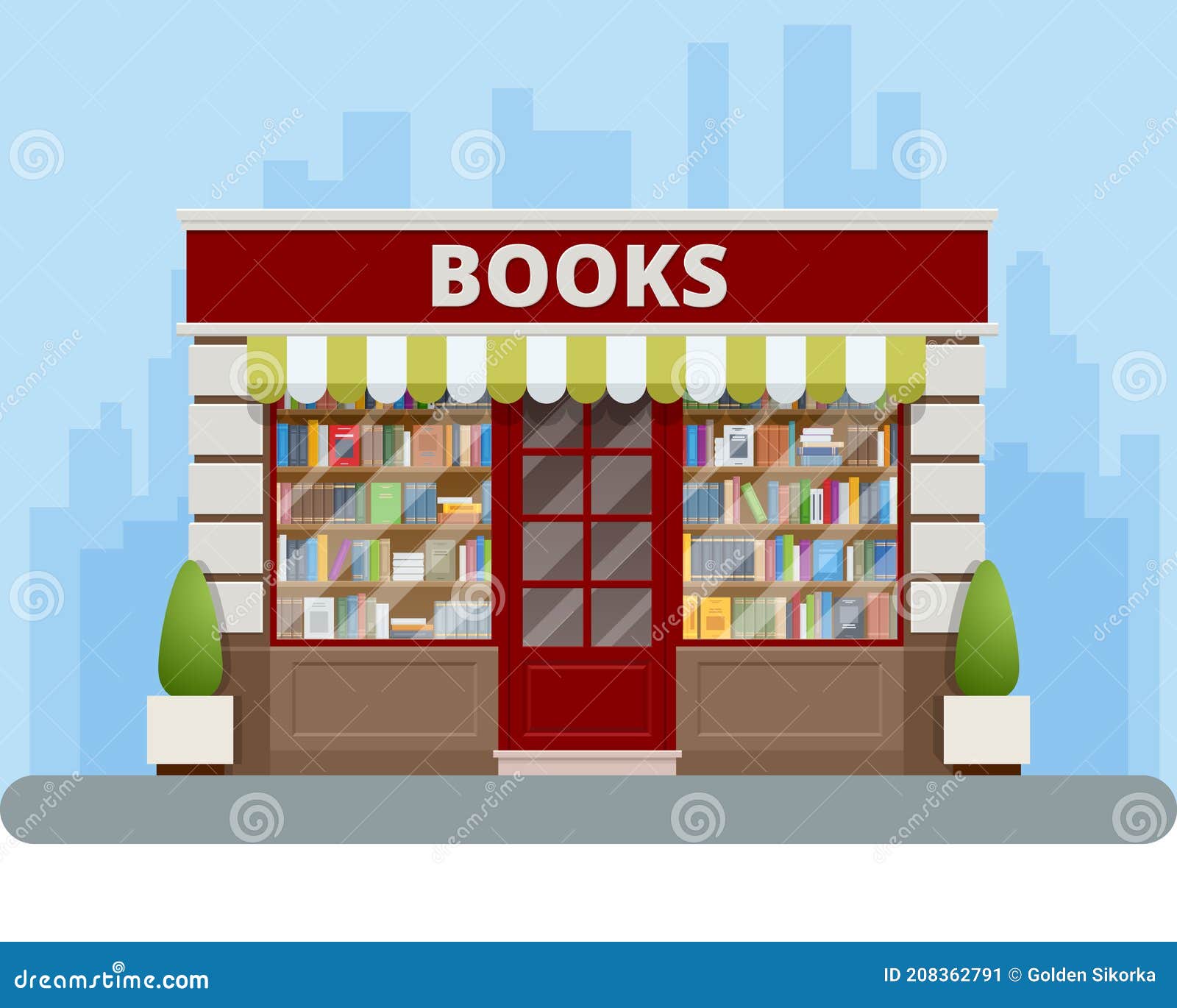 Bookstore Facade in Flat Style Isolated on White Background. Books