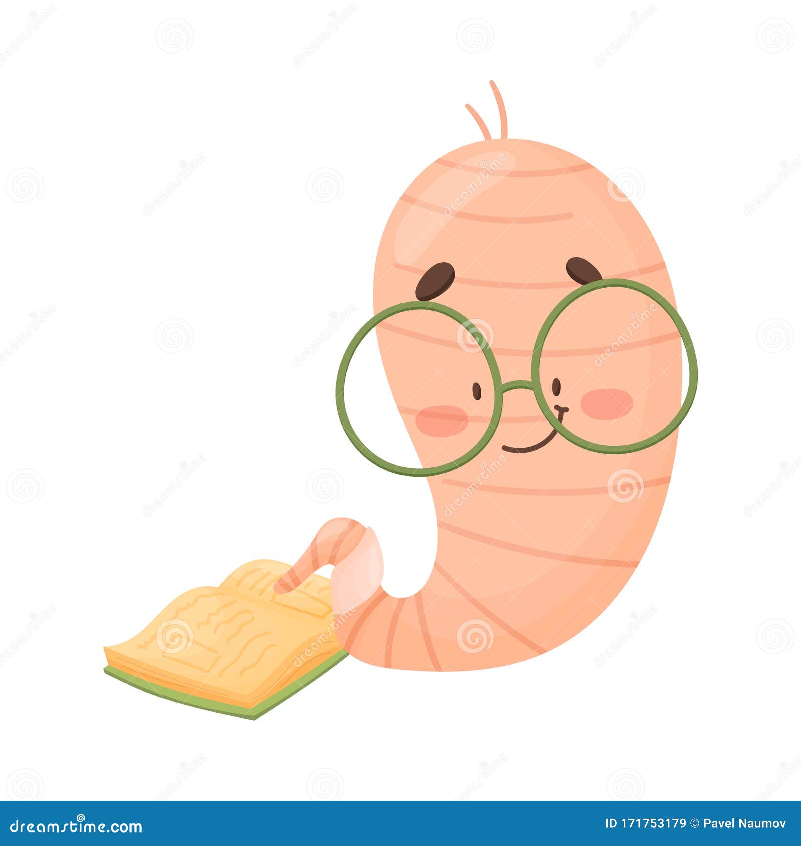 Bookworm Character Reading Favorite Book Smiling Vector Illustration Bookworm Character Reading Favorite Book Smiling Vector Illustration
